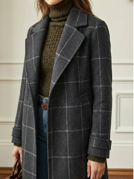 Women's Checked Wool Long Coat
