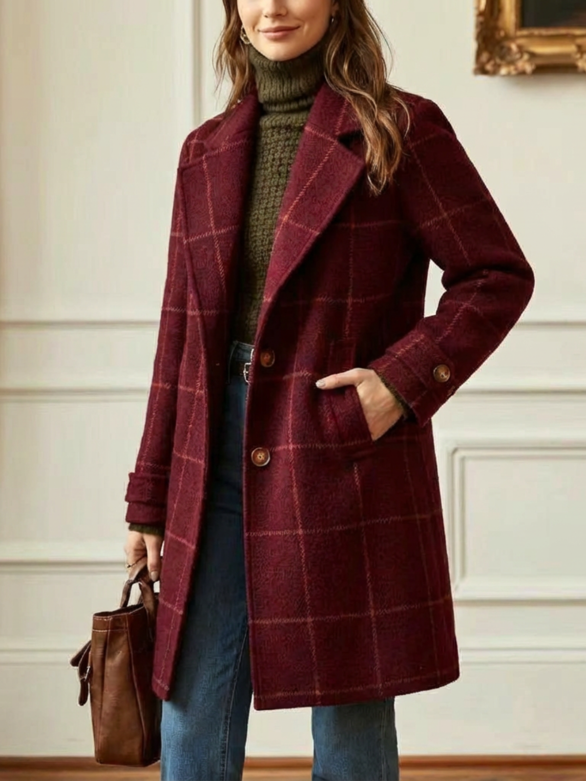 Women's Checked Wool Long Coat