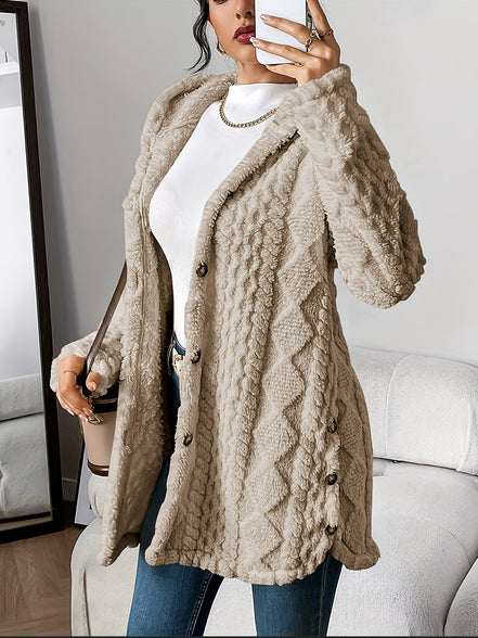 Women's Solid Plush Hooded Cardigan