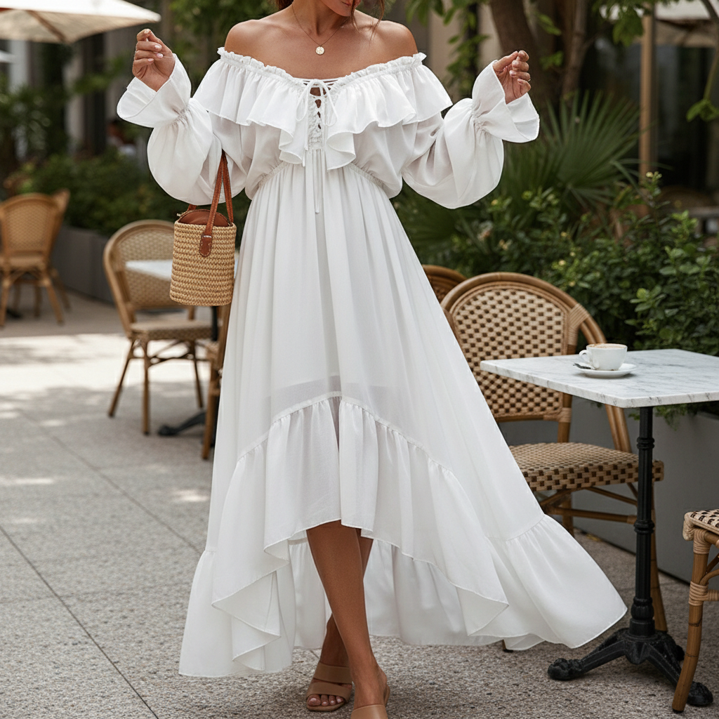 Women's Elegant White Ruffled Dress