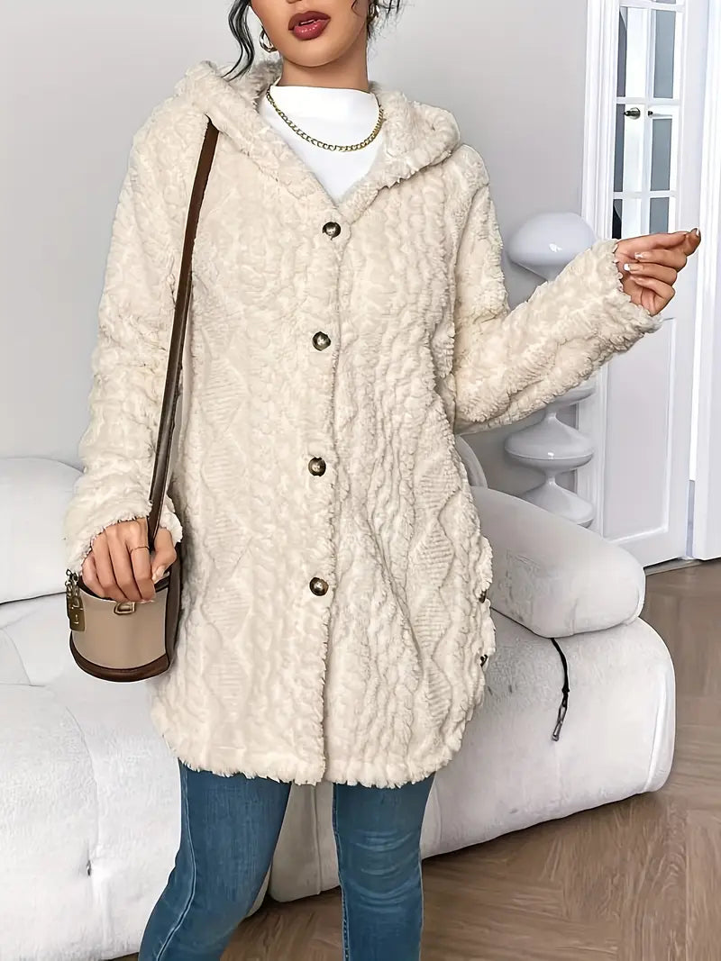 Women's Solid Plush Hooded Cardigan