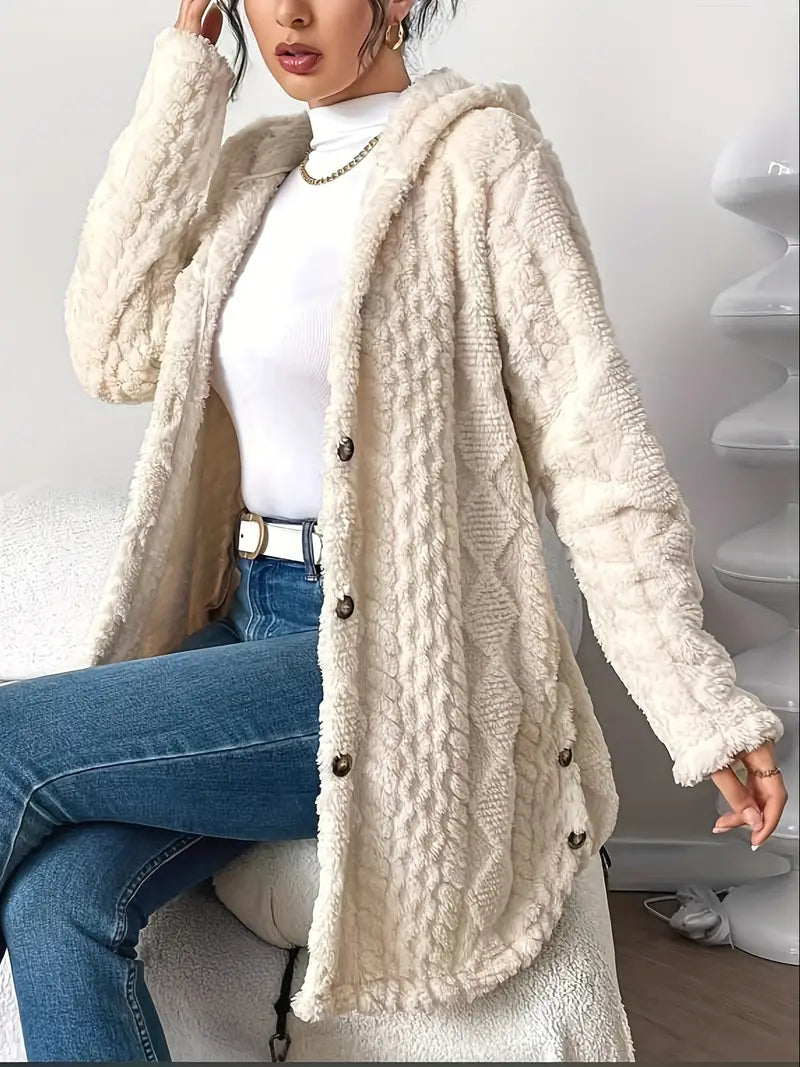 Women's Solid Plush Hooded Cardigan