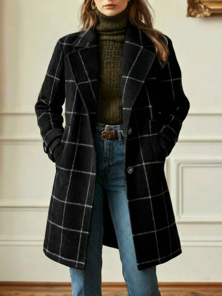 Women's Checked Wool Long Coat