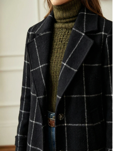 Women's Checked Wool Long Coat