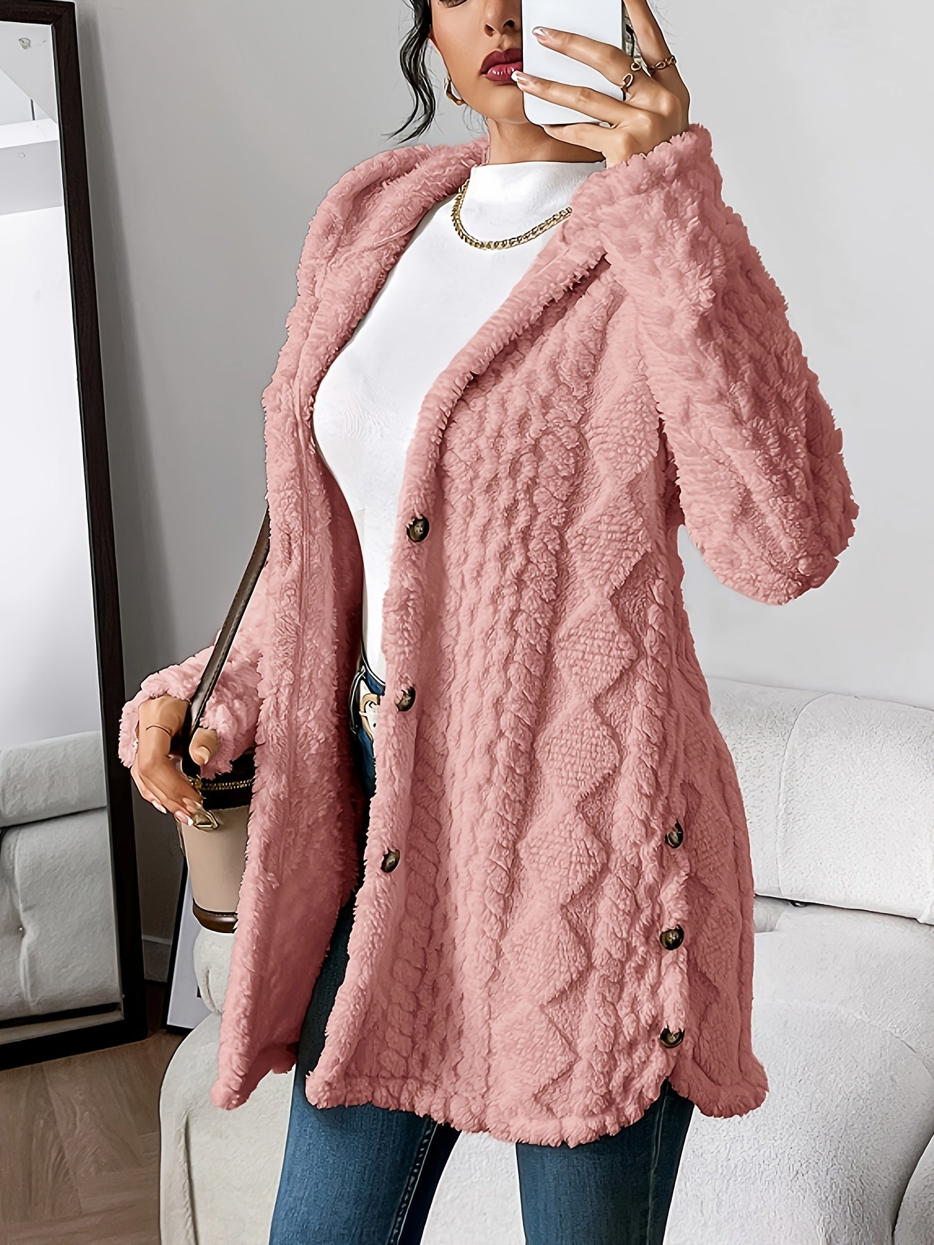 Women's Solid Plush Hooded Cardigan