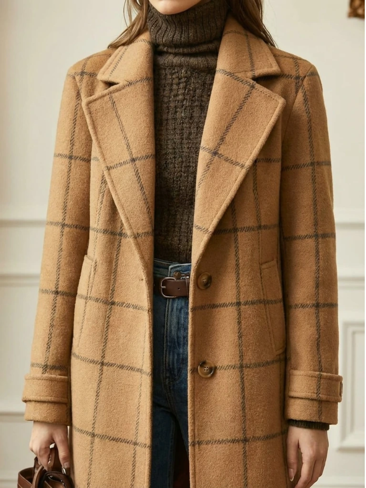 Women's Checked Wool Long Coat