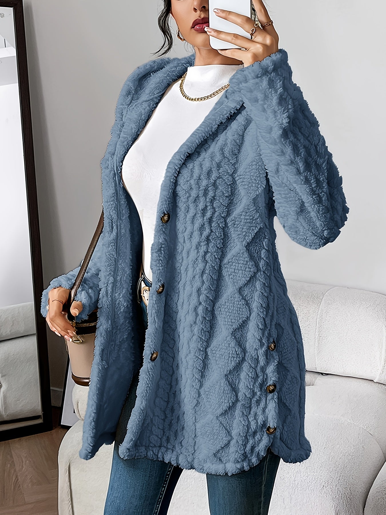 Women's Solid Plush Hooded Cardigan