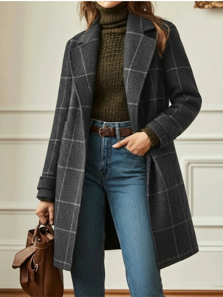 Women's Checked Wool Long Coat