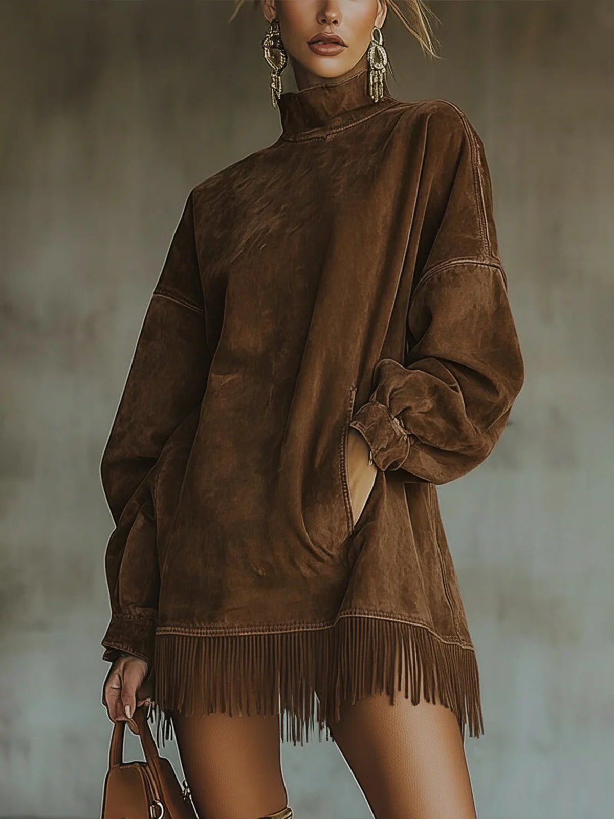 Women's Solid Suede Fringe Dress