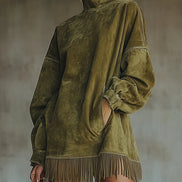 Women's Solid Suede Fringe Dress