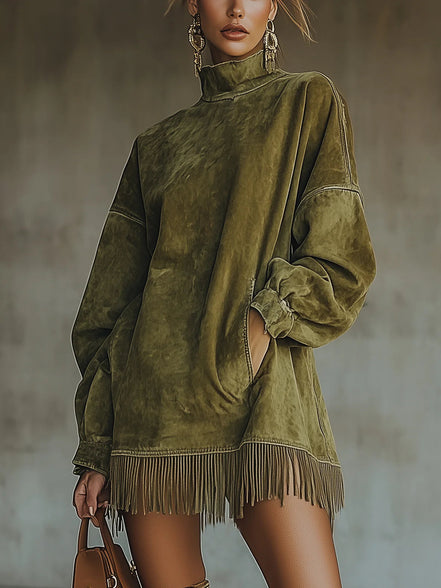 Women's Solid Suede Fringe Dress