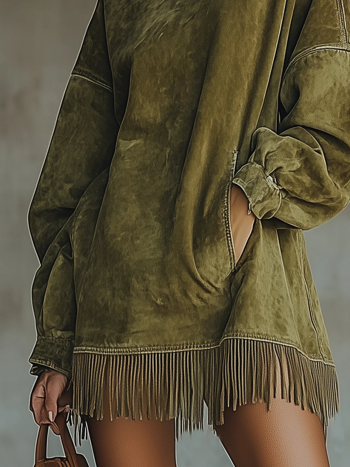 Women's Solid Suede Fringe Dress