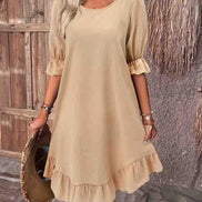 Women's Solid Cotton Ruffle Dress