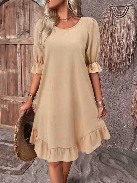 Women's Solid Cotton Ruffle Dress