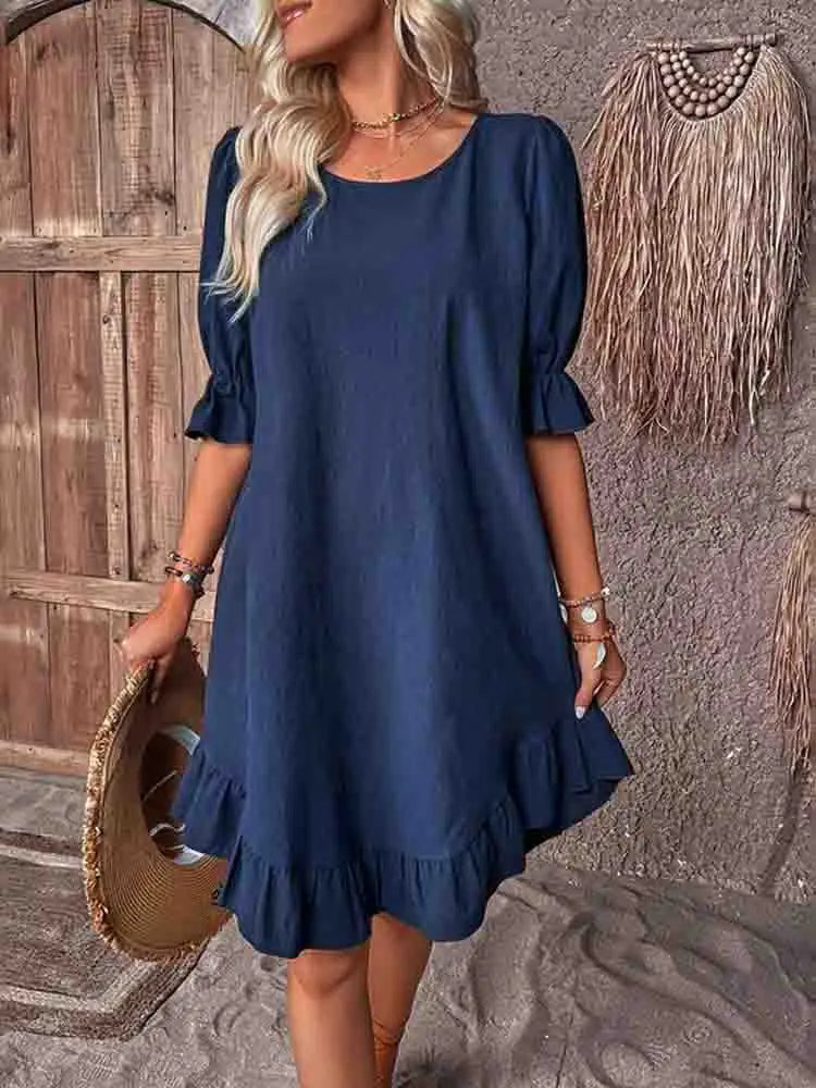Women's Solid Cotton Ruffle Dress
