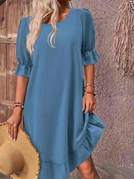 Women's Solid Cotton Ruffle Dress