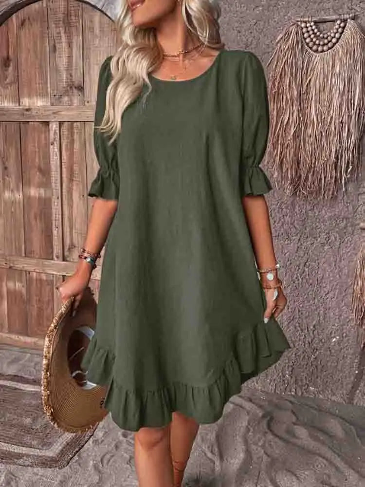 Women's Solid Cotton Ruffle Dress
