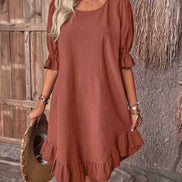 Women's Solid Cotton Ruffle Dress