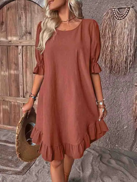 Women's Solid Cotton Ruffle Dress