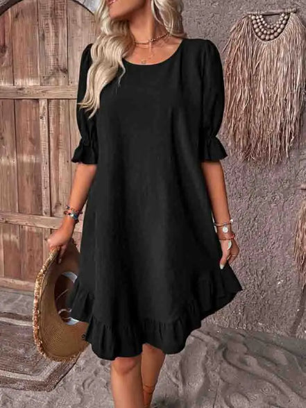 Women's Solid Cotton Ruffle Dress
