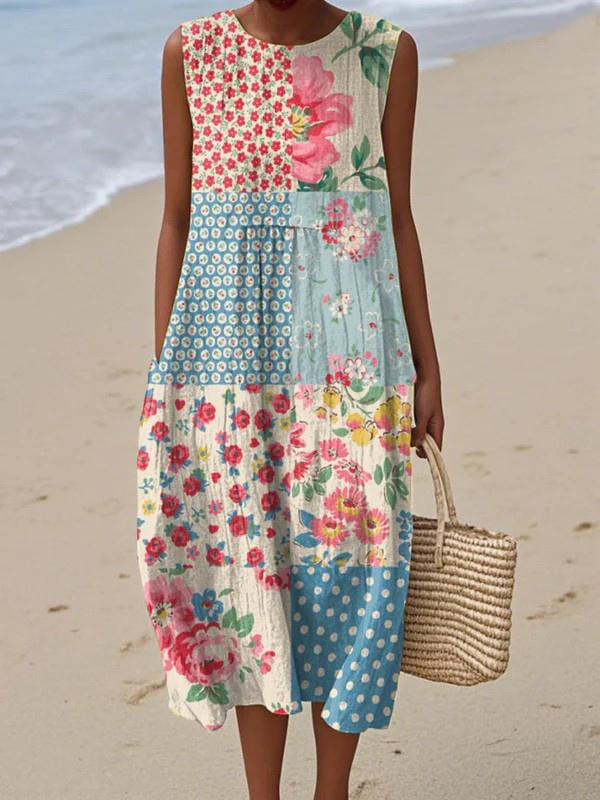 Women's Patchwork Cotton Midi Dress