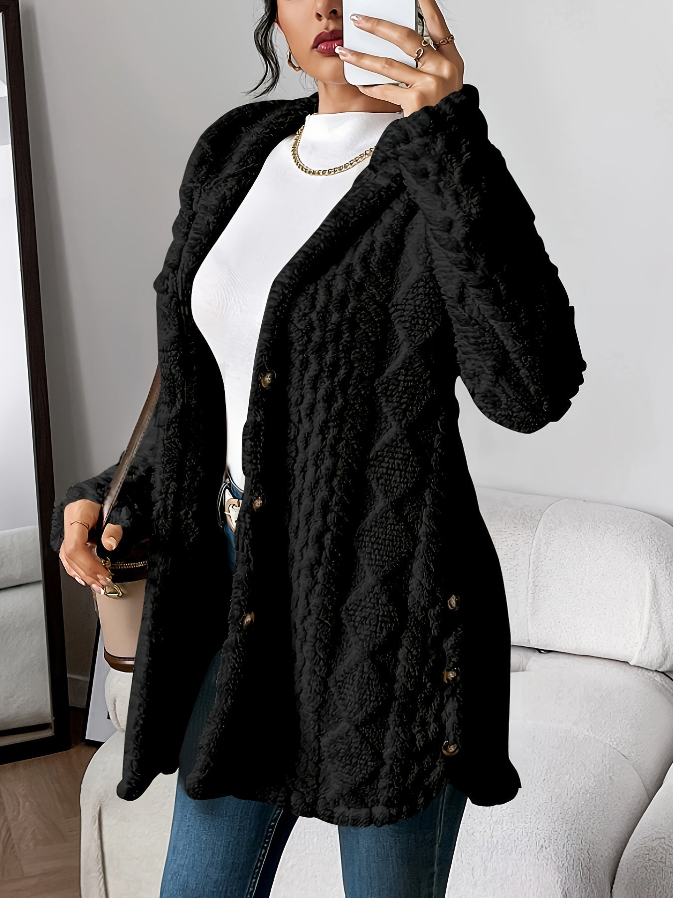 Women's Solid Plush Hooded Cardigan