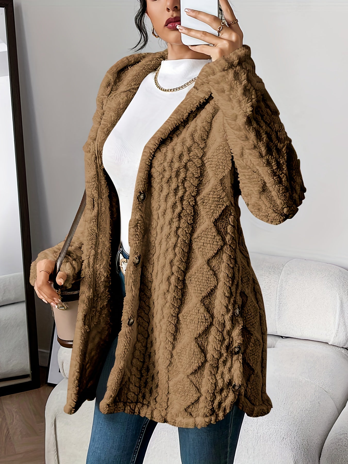 Women's Solid Plush Hooded Cardigan