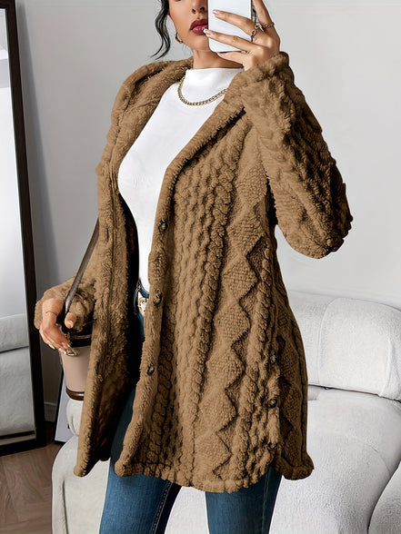 Women's Solid Plush Hooded Cardigan