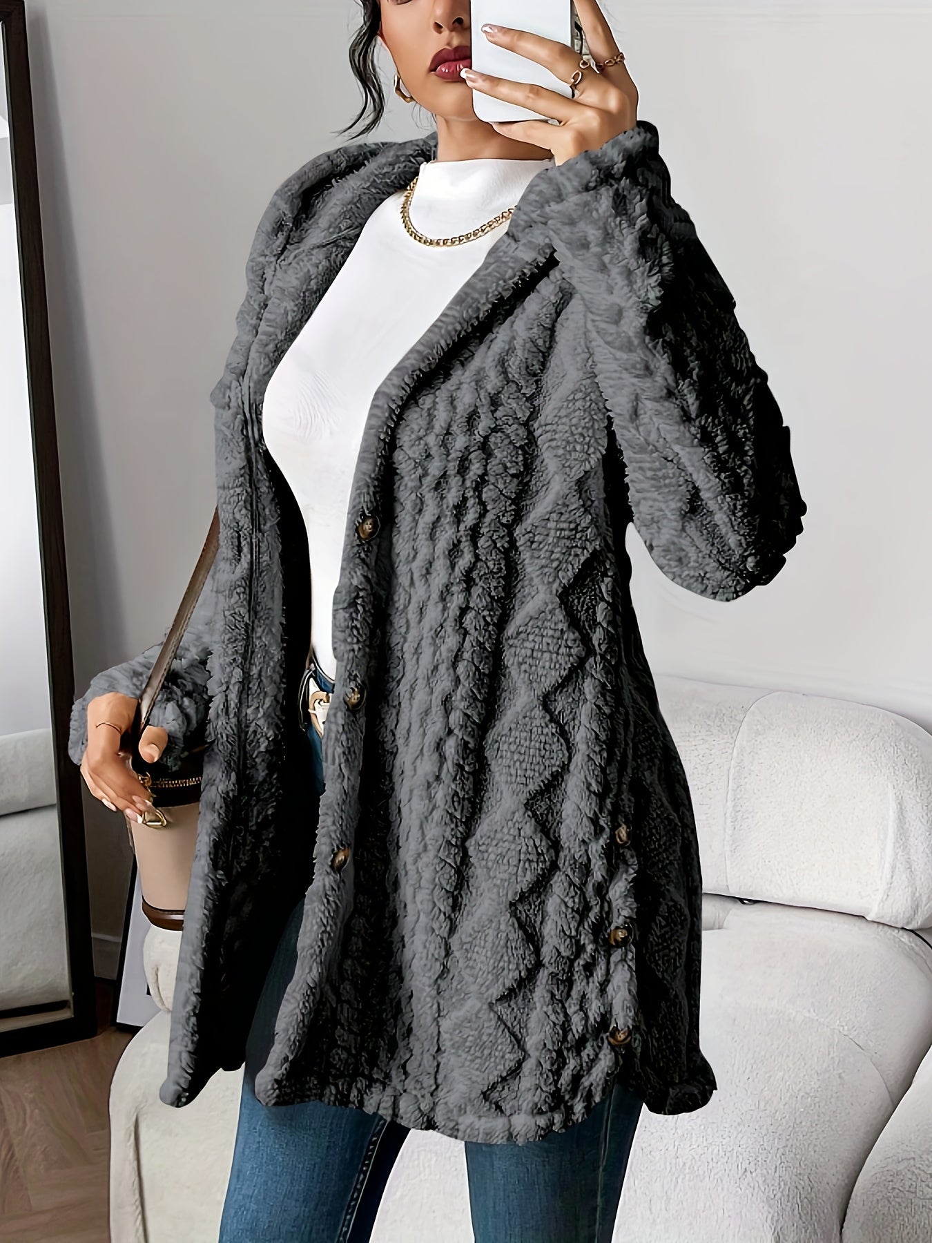 Women's Solid Plush Hooded Cardigan