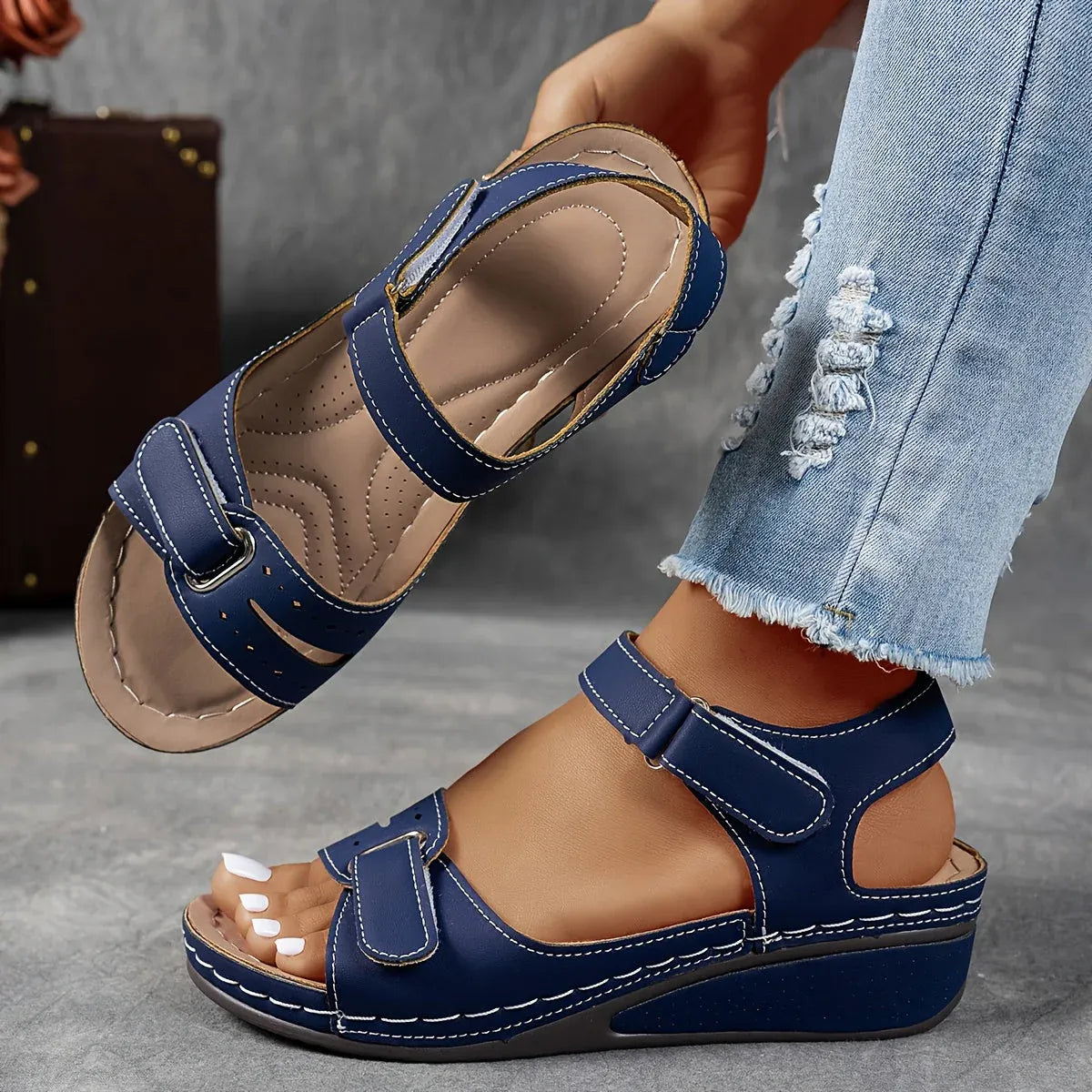 Women's Black Leather Strap Sandals
