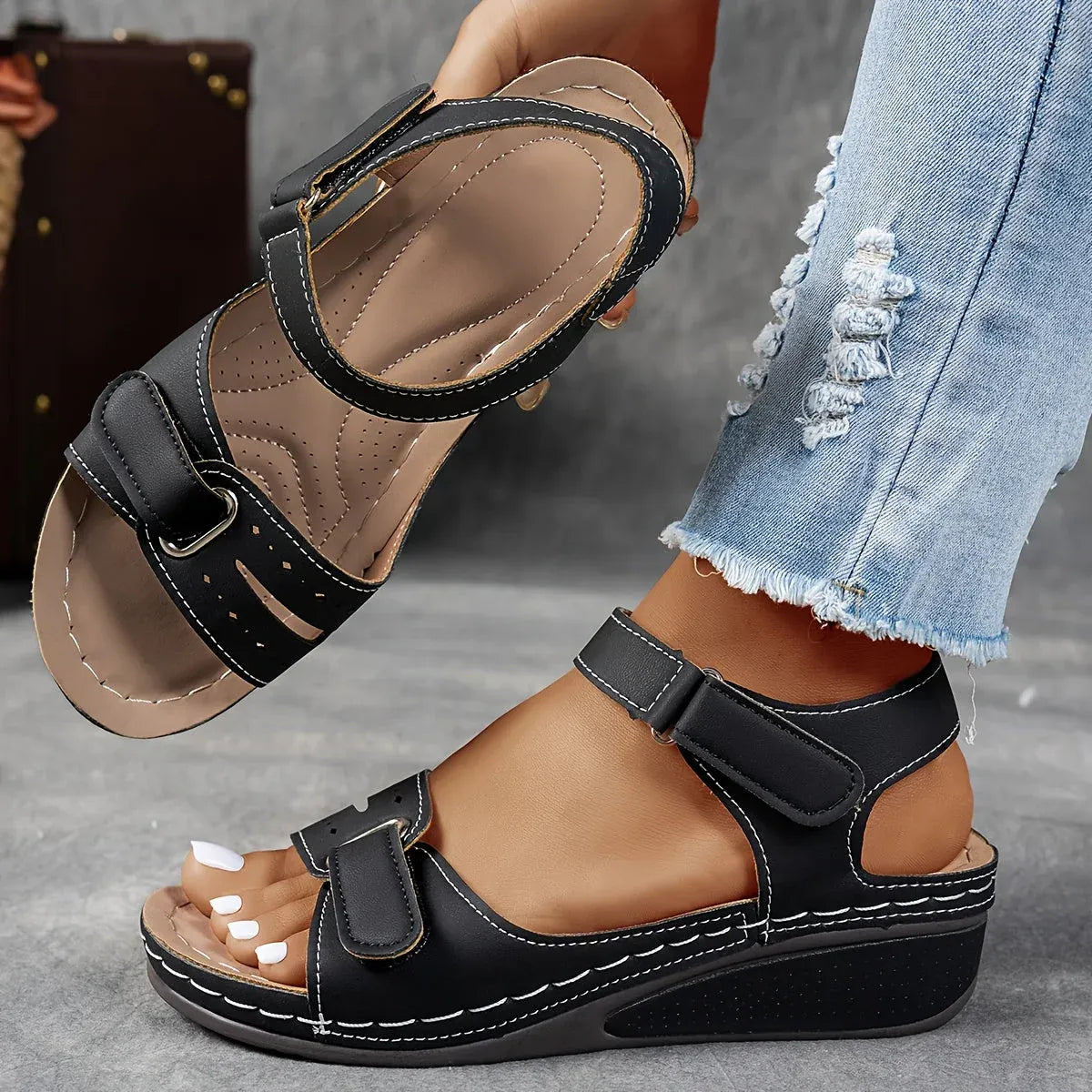 Women's Black Leather Strap Sandals